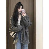QWEEK Vintage Sweater Harajuku Fashion Women's Jumper Oversize Cardigans Korean Streetwear New Knitted Grey Sweaters Autumn Chic