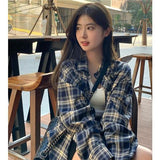 Getadme-Plaid Shirt Lazy Style Retro Loose Shirt Cardigan Female Women's Shirt Coat Long Sleeve Autumn Spring Clothes South Korea
