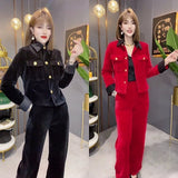Getadme-Spring Autumn New Women Striped Corduroy Sets Long Sleeve Single Breasted Short jacket Coat And Straight Pants 2PCS Outfit