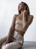 Débardeur court sexy en résille transparente à strass brillants et découpes, manches longues, idéal pour la plage, les soirées et les clubs.