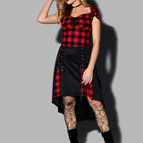 Vintage Plaid Print Mock Button Sweetheart Neck and Lace Up High Low Skirt Summer Outfit
