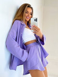 Solid Pleated Shorts Two Piece Set for Women Casual Loose Long Sleeve Shorts Set 2023 Summer Fashion Women's Suit Button Outfits