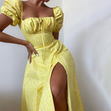 Getadme-Summer Grace Sweet Vestidos Women's French Bubble Sleeve Printing Floral Dress Short Sleeve Side Split Irregular Dresses