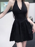 Summer Black Halter Dress Women French Vintage Slim High Waist Backless V-Neck Party Short  A-Line Beach Dress  Clothing  Robe
