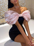 Getadme-Bowknot Women Party Dresses Sexy Elegant Bodycon Female Strapless Cold Shoulder Pink Mini Tight Dress Short Black New Year