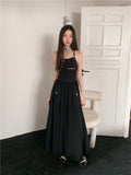 Women's Black Open Back Lace UpHanging Neck Dress Summer New Gothic Style Female Sexy Off Shoulder Sleeveless Long Dresses
