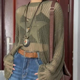 Getadme Y2K Vintage Star Mesh Sweater Women Oversize 2000s Aesthetic See Through Net Knit Top Female Knitwear Korean Fashion