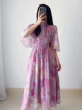 Getadme Elegant Party Print Backless Dresses for Women French Stand Collar High Waist Ruched Slim Female Clothes Evening Prom Long Dress
