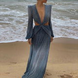 Sexy V-Neck Backless Hollow Out Dress Summer Women Lantern Sleeve Club Party Long Maxi Dresses Tunic Beach Cover Up