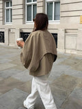 Women Khaki Cloak Lantern Sleeve Coat Turn Down Collar Short Coat Vintage Lapel Button Accessories Chic Cape Coat Fashion 2023