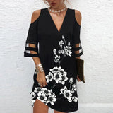 Getadme-Dress Women Elegant V Neck Summer Off Shoulder Lace Mesh Patchwork Mini Dress Female Loose Print Beach Short Dress