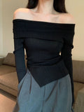 Getadme-Black Knitted Sweater Women Sexy Off Shoulder Slash Neck Pullover Female Autumn Korean Fashion Long Sleeve Split Thin Knitwear
