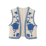 Getadme Vintage Women Floral Embroidery Vest Jackets Summer National Style Open WaistCoat Casual Patchwork V Neck Ladies Short Vest Tops