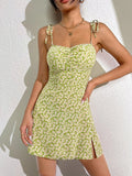 Getadme-Floral Suspender Split Mini Dress Summer New Slim Sleeveless Patry Beach Style Spaghetti Strap Dress Women Clothes