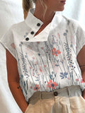 Leisure Summer Blouse Women Tops Vintage Floral Print Short Sleeve White Blouses Casual Buttons Slit Stand Neck Top Blusas