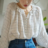플레드 슈퍼 코튼 리넨 원사 피터팬 칼라 긴팔 여성 셔츠 블라우스 2022년 봄 여름 신상품