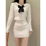 Getadme Elegant 2 Piece Dress Set Women Casual Knitted Sweater + Mini Skirts Female Autumn Y2k Clothing Korean Fashion Suits Chic