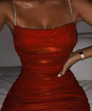 Getadme Spaghetti Strap Sparkly Ruched Dress Women Sexy Sleeveless Bodycon Mini Christmas Dress Female Club Party