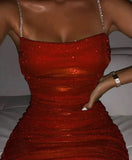 Getadme Spaghetti Strap Sparkly Ruched Dress Women Sexy Sleeveless Bodycon Mini Christmas Dress Female Club Party