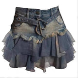 Getadme Women Patchwork Denim Skirt Vintage Y2k Summer Harajuku Korean Streetwear Fashion A-line Mini Jeans Skirt Pippie Clothes