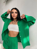 Solid Pleated Shorts Two Piece Set for Women Casual Loose Long Sleeve Shorts Set 2023 Summer Fashion Women's Suit Button Outfits