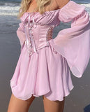 Getadme-Beach Style Vintage Chiffon Dress With Corset Bandage Hollow Out Bustier Prairie Chic Flare Sleeve Dresses 2 Pieces Set