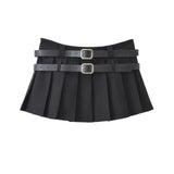 Getadme-Y2K Mini Skirt Women Korean Fashion Pleated Skirt Summer Casual Vintage Preppy Style Solid Two Belts Short Skirts