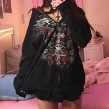 Getadme- 90s Vintage Skulls Print Black Sweatshirt Zipper Long Sleeve Autumn Hoodies Fairycore Grunge Jackets Retro Harajuku Winter Coat