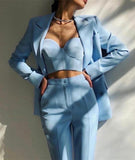 Getadme 3 Pieces Women Suits Pants Set Blazer+Corset Top+Trousers Double Breasted Jacket Formal Casual Wedding Tuxedos Prom Dress Tailor