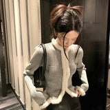 Getadme-Gray Hairy Patchwork Cardigan Women Korean Chic Slim Fit Pockets Short Jacket Ladies Autumn Winter Wild Long Sleeve Coat