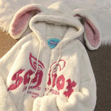 Sweat à capuche en coton pour femme, avec oreilles de lapin mignonnes et amusantes, en velours d'agneau. Vêtements tendance, coupe ample, fermeture éclair, manteau chaud, streetwear.