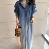 Korean chic French minority lapel gradual halo dye design single breasted loose long sleeve denim dress