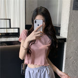 Getadme-Cropped Navel Shirt Ruffle Top Blouses Strawberry Embroidery Shirts Short Sleeve Slim fit Tees Street Women Clothing