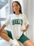 Getadme New T-Shirt Women 1898 Brooklyn York Letter Drop Shoulder Print Vintage Oversized T Shirt Simple Clothes Female Tshirt Y2K Top