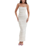 Women Sling Long Dress, Sleeveless Off Shoulder Solid Color Ruffle Party Club Summer Spring Dress