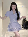Sweet Small Fragrance Two Piece Set Women Shirt Top + Pleated Cake Skirt Suits Korean Fashion Summer 2 Piece Sets Women Outfit