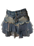 Getadme Summer Women Korean Fashion Gauze Patchwork Mini Denim Skirt Cutecore Gyaru Coquette 2000s Coquette Y2k Streetwear Grunge Design