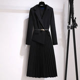Vintage Pleated Belt Patchwork One Piece Blazer Dress Women Elegant Office Ladies Long Sleeve Notched Female Spring Midi Dresses