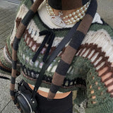 Getadme -Y2K Women Crochet Shrug Pullovers Sweater Crop Top Patchwork Crewneck Long Sleeve Hollow Out Grunge Tops Vintage Streetwear