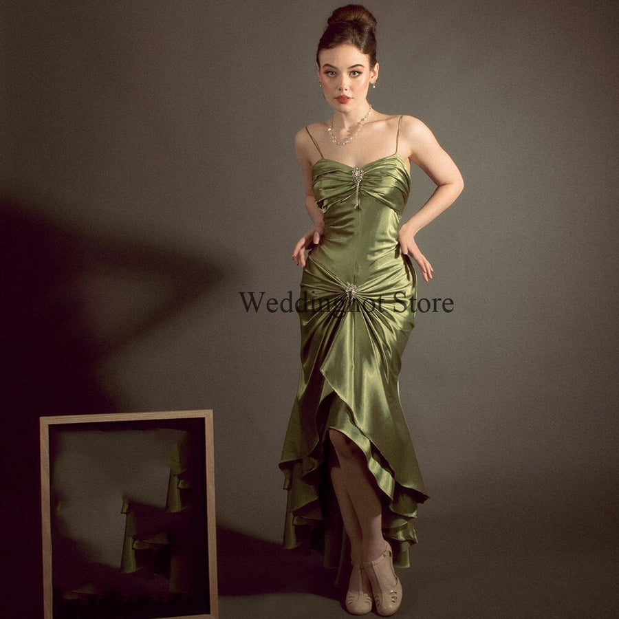 GETADME Women's Prom Dress Spaghetti Straps Mermaid Green Prom Gown Satin Sleeveless Hi-lo Pleat Sexy Party Dresses for Wedding