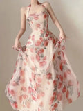 Summer Floral Midi Dress for Women 2023 New Fashion Fairycore Spaghetti Strap Summer Dress Elegant Neck Mounted Backless Dress