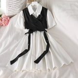 Getadme Vintage Gothic Shirt Dress Sets Women Harajuku Black Bandage Vest Short Sleeve High Waist Dress Summer