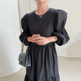 Getadme  Ruffle Design Loose Solid Long Sleeve Maxi Dresses for Women Vintage Korean Fashion Clothing Chic Retro Minimalist Style O Neck
