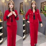Getadme-Spring Autumn New Women Striped Corduroy Sets Long Sleeve Single Breasted Short jacket Coat And Straight Pants 2PCS Outfit