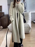 Getadme-Autumn Long Knitted Long Coats Women Vintage Korean Style Lapel Pockets Casual Loose Full Sleeve Furry Sweater Cardigans Winter