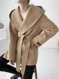 Getadme Short Hooded Woolen Coat for Women's Autumn and Winter New Korean Version Elegant and Warm Lace Up Coat Wool Coat Women