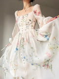 Getadme-French Elegant Floral Midi Dress Chiffon Long Sleeve Evening Party Dress Woman Beach Fairy One Piece Dress Korean 2023 Summer