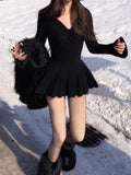 Getadme Winter Korean Style Sexy Knit New One Piece Dress Women V Neck Vintage Elegant Mini Dress Female Ball Gown Designer Clothes