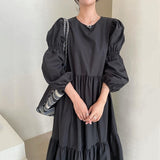 Getadme  Ruffle Design Loose Solid Long Sleeve Maxi Dresses for Women Vintage Korean Fashion Clothing Chic Retro Minimalist Style O Neck