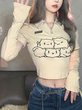 Getadme-Cartoon Print T Shirt Women Summer Lapel Detachable Long-Sleeved Crop Top Korean Style Sweet Kawaii Tops Streetwear Y2K Clothes